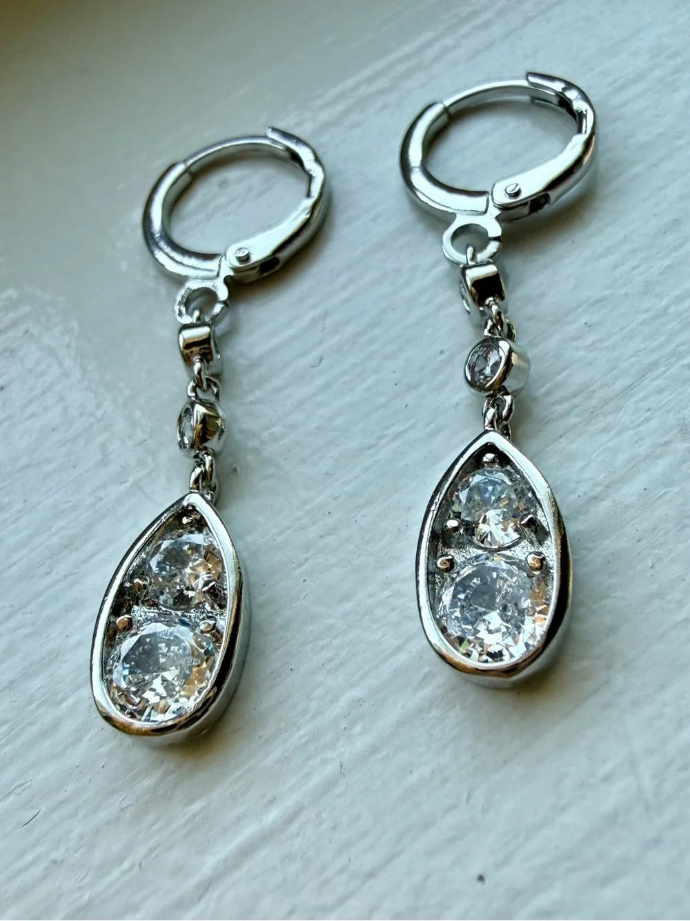 NEW! 14k White Gold Plated Teardrop Dangle Earrings with Clear CZ Stones